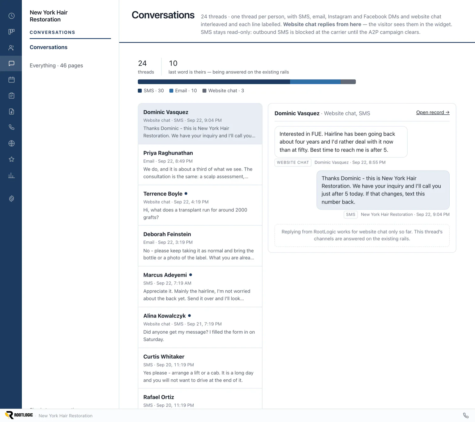 RootLogic conversations — SMS, email and DMs in one thread