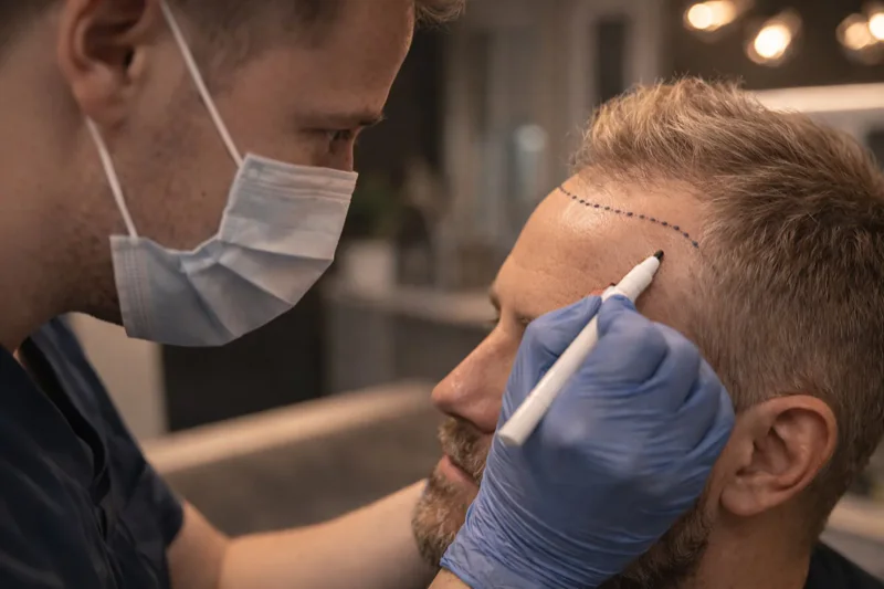 Clinician drawing a proposed hairline on a patient’s forehead