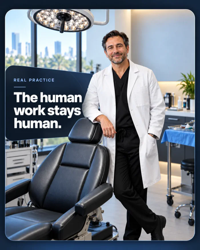 Male hair restoration physician smiling beside a surgical chair; text reads: Real practice. The human work stays human.
