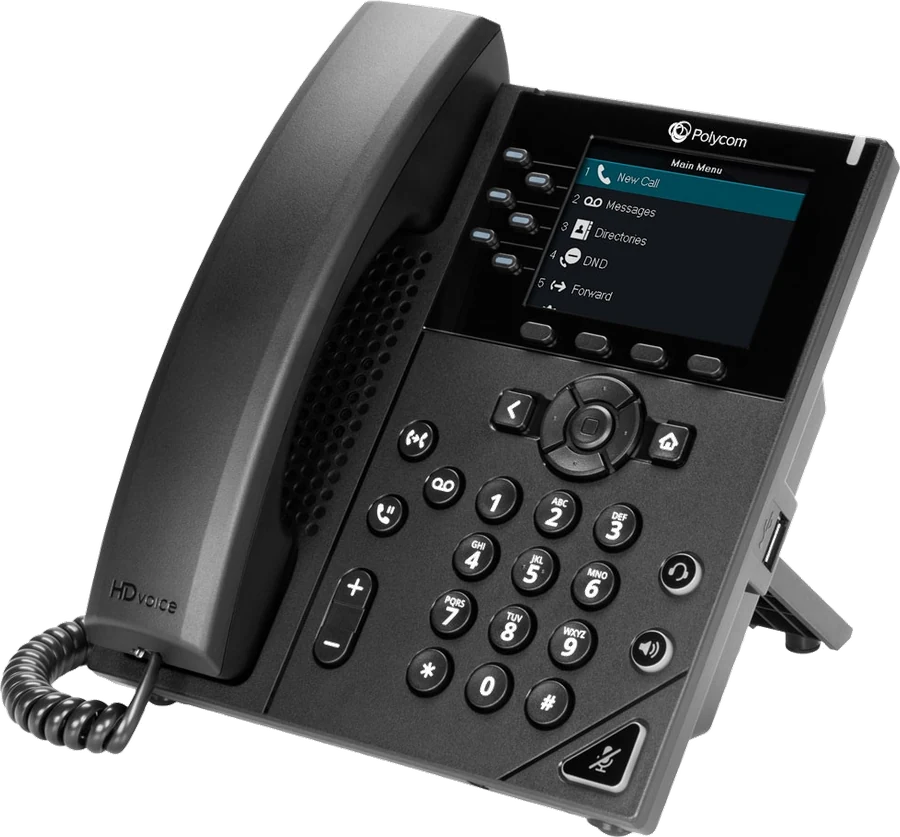 A Poly VVX 350 six-line desk phone, one certified handset option for RootVoice