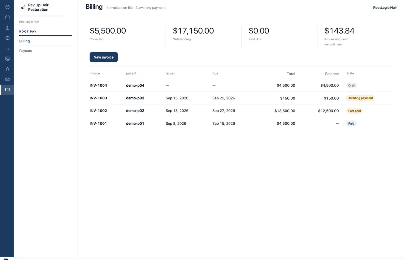 RootPay billing: every invoice with its live balance