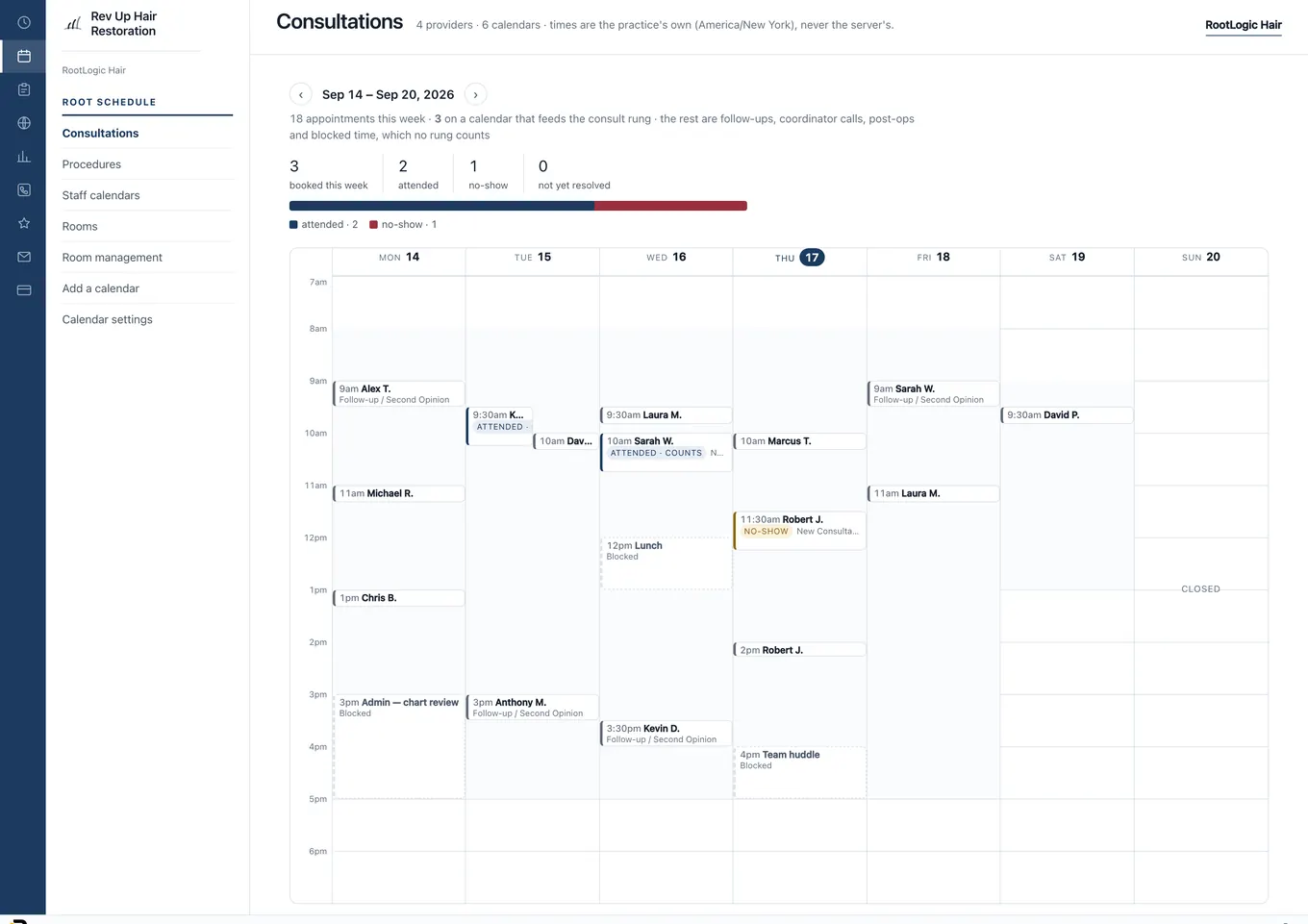 The RootLogic schedule with a calendar per provider