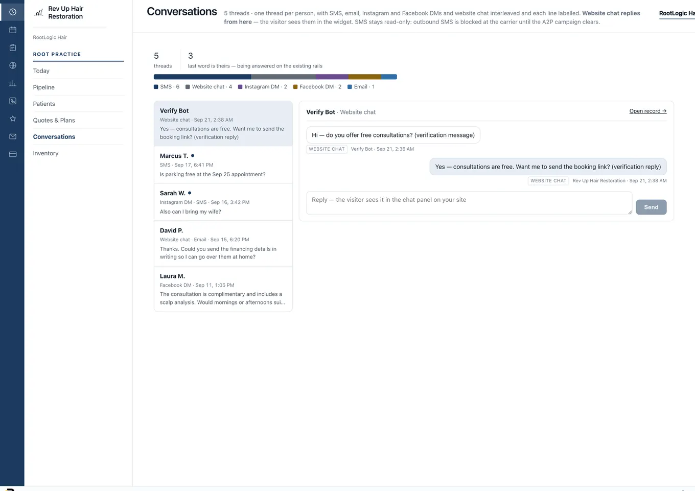 RootLogic conversations: SMS, email and web chat in one thread per patient