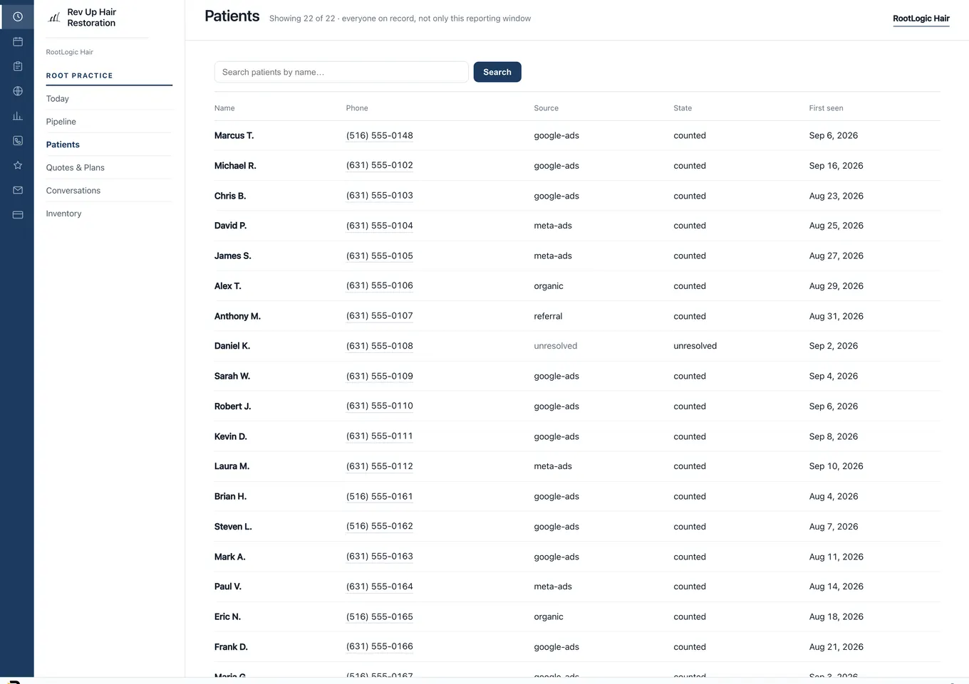The RootLogic patient list with source, stage and last activity for every person