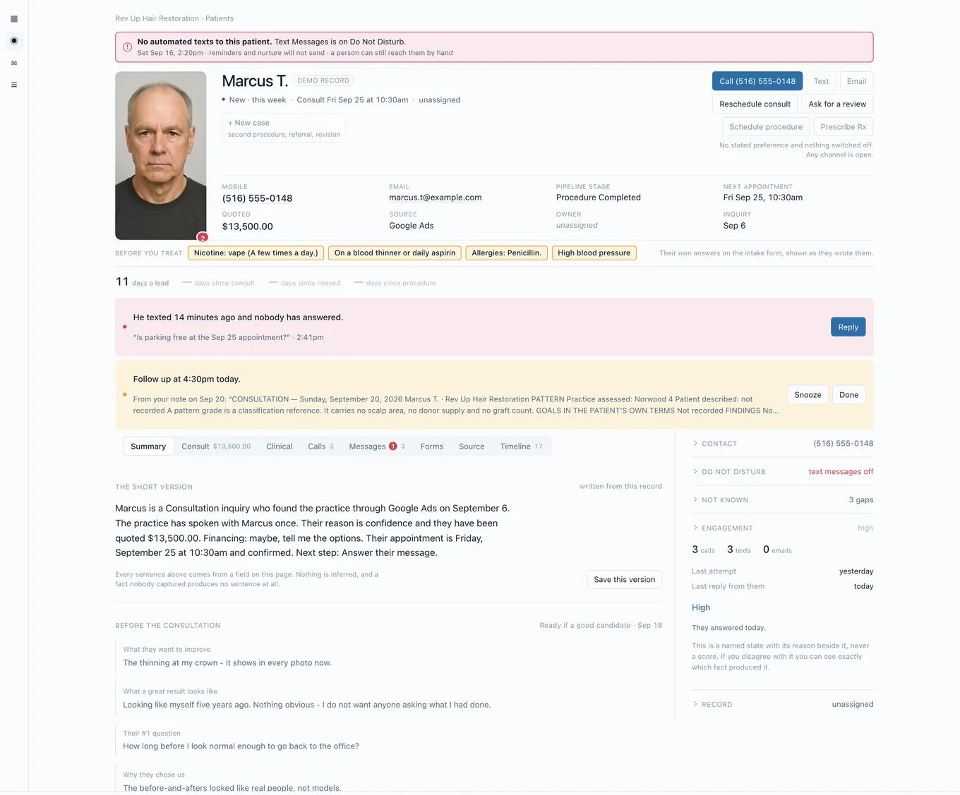 A RootLogic patient record with the consult, the quote, the invoice and the conversation on one page