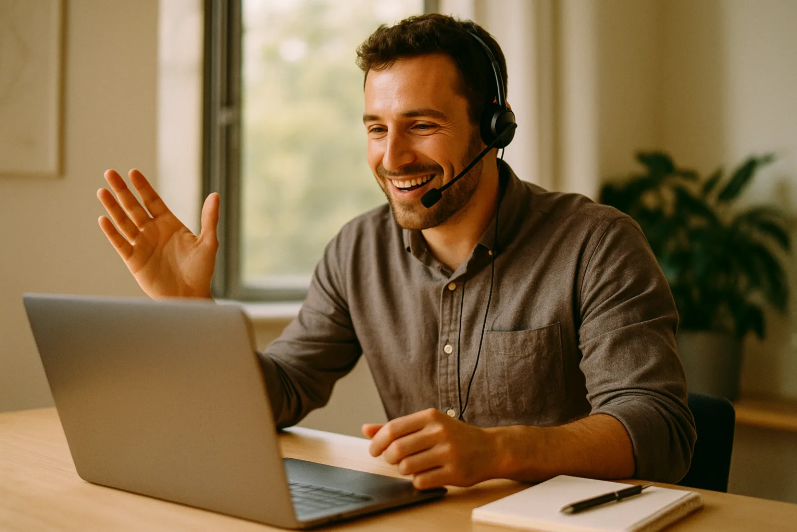 A man on a headset mid-conversation on a video call, explaining something