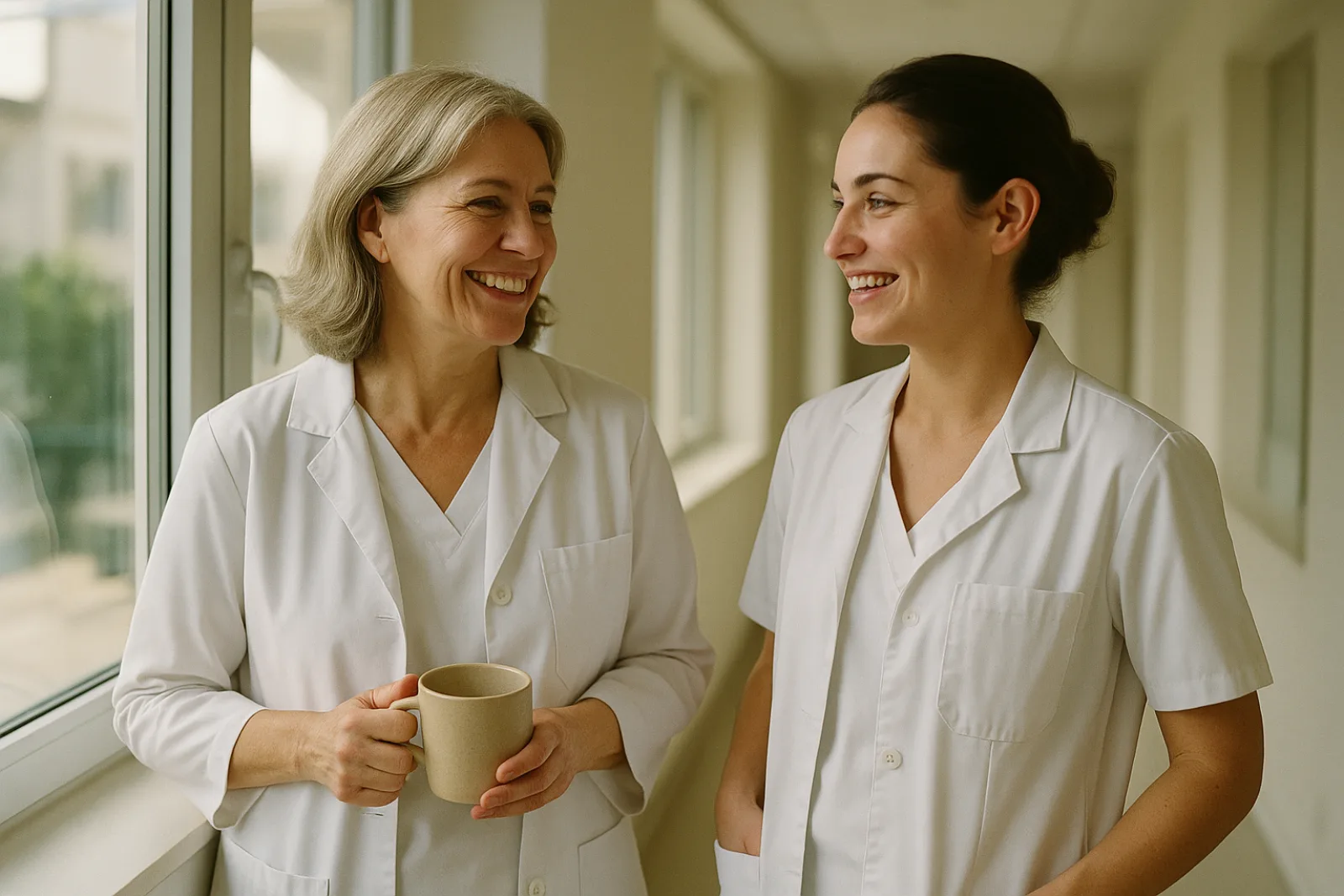 Two clinicians talking together by a window in a bright clinic hallway