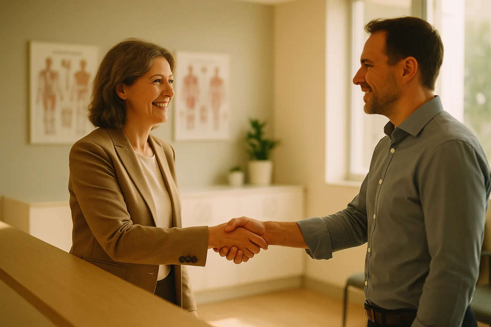 A practice owner and a visitor shaking hands in a bright clinic reception