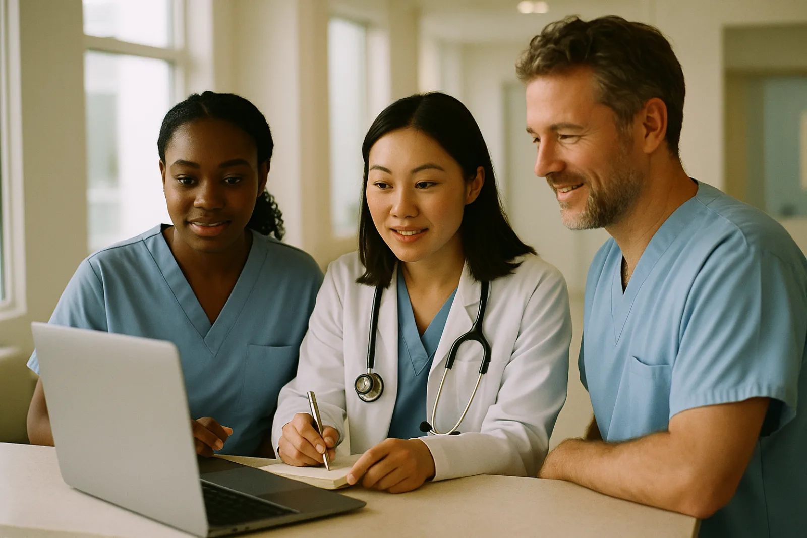 Three clinical staff gathered around a laptop during a training session, one taking notes
