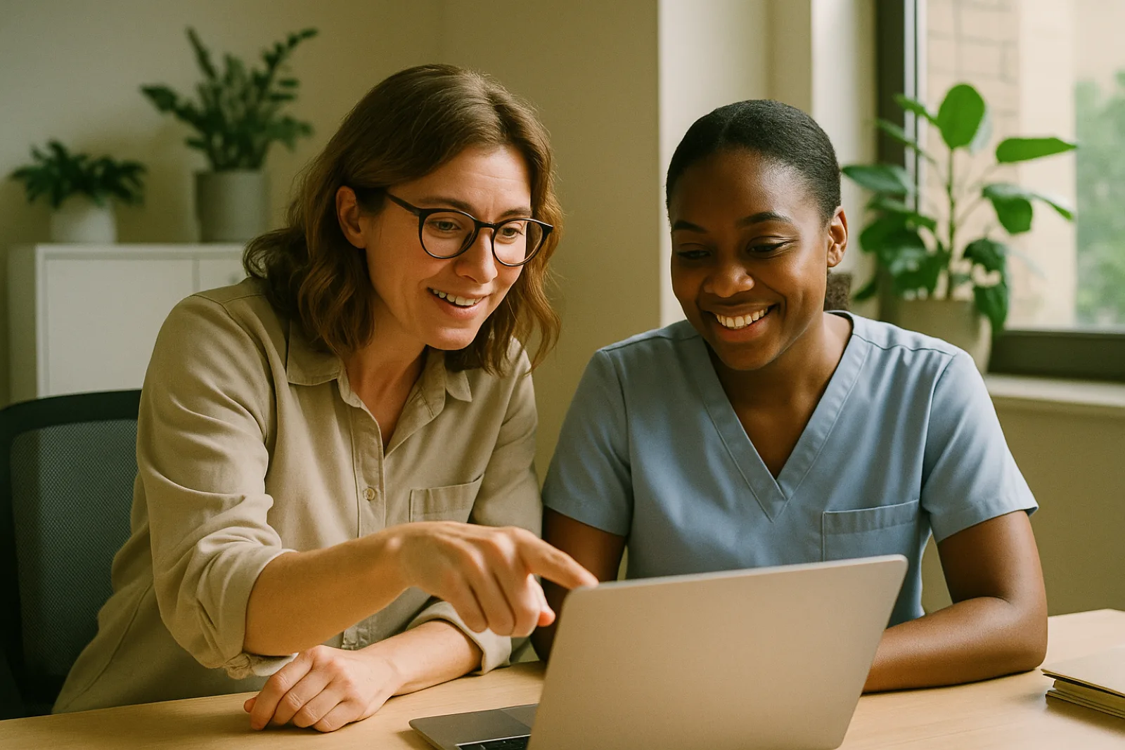 Two clinic staff sharing one laptop, one pointing something out on the screen