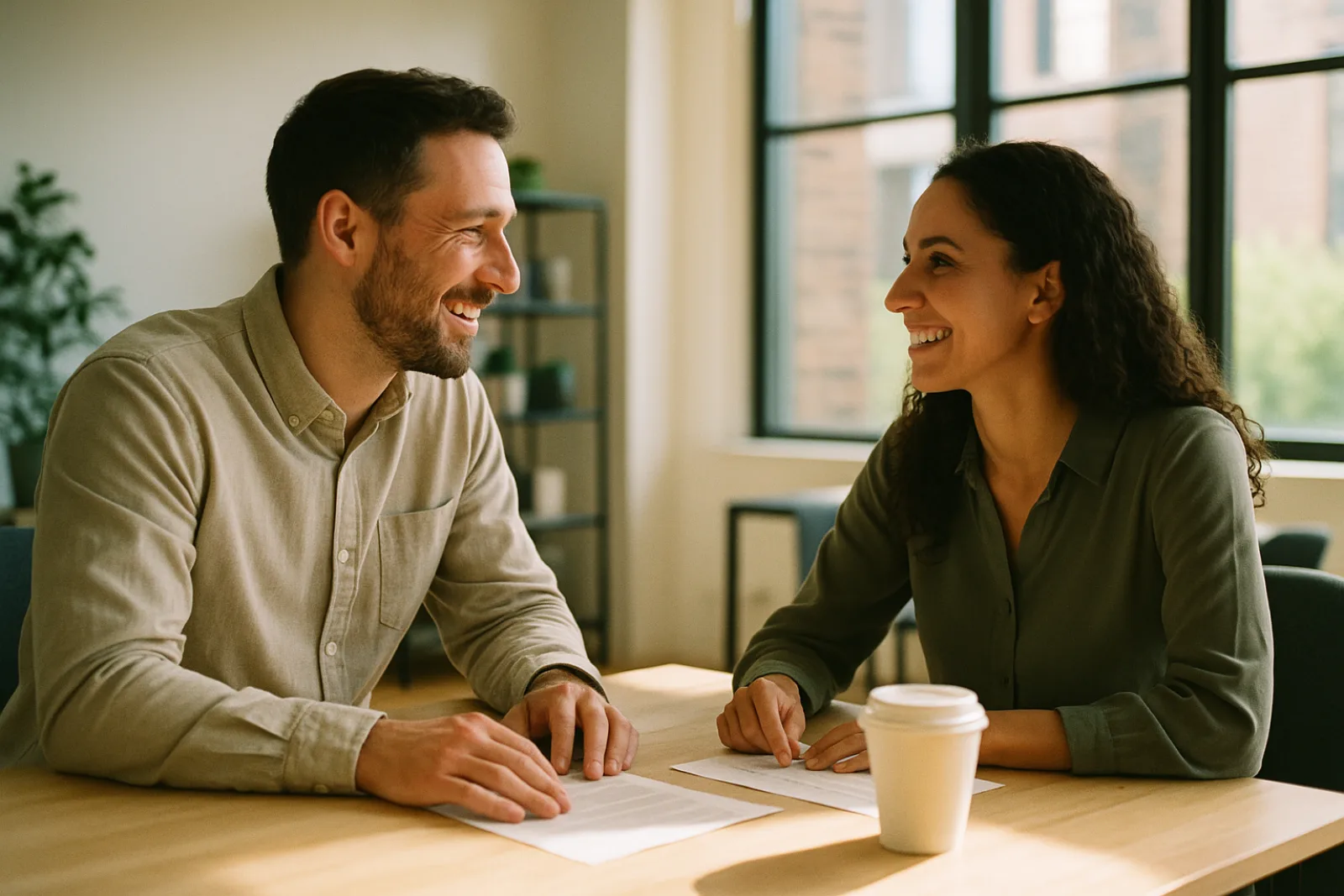Two people in conversation across a table in a bright office