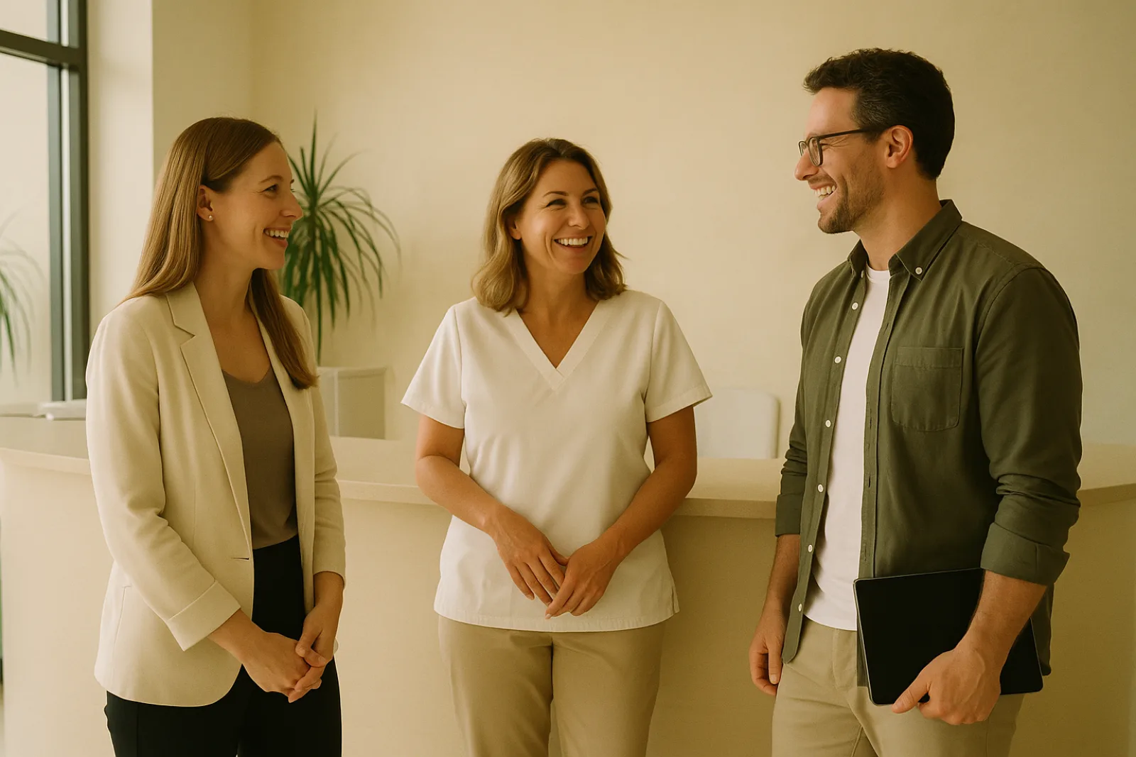 Three practice staff talking easily together at a front desk