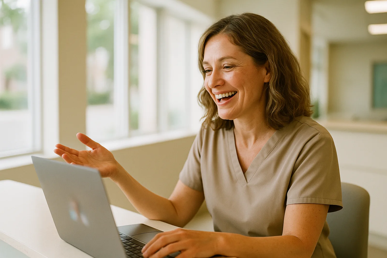 A practice team member on a video training call, talking and gesturing at her laptop