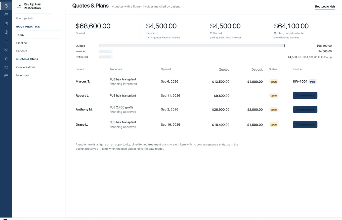 RootLogic quotes, each showing the live state of the invoice it produced